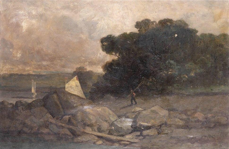 Edward Mitchell Bannister landscape with rocks, man and sailboats